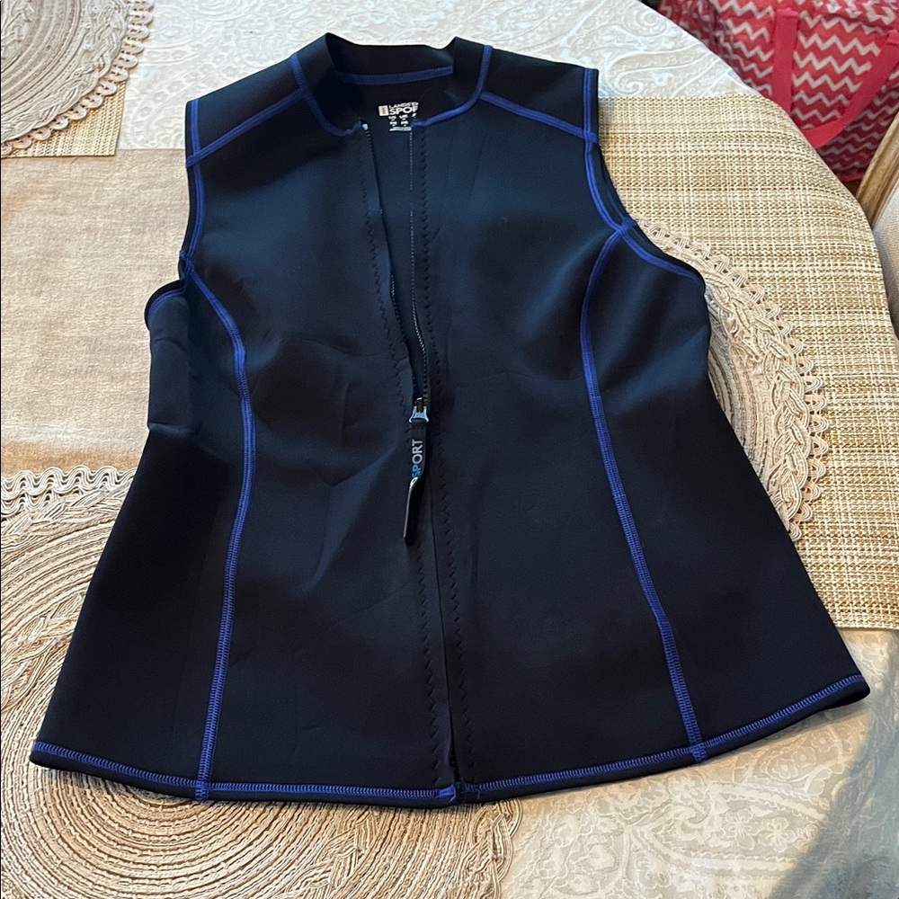 Black Vest with Blue Trim Lands End Womens Sport Swim Full Zip Tank Top Size EUC